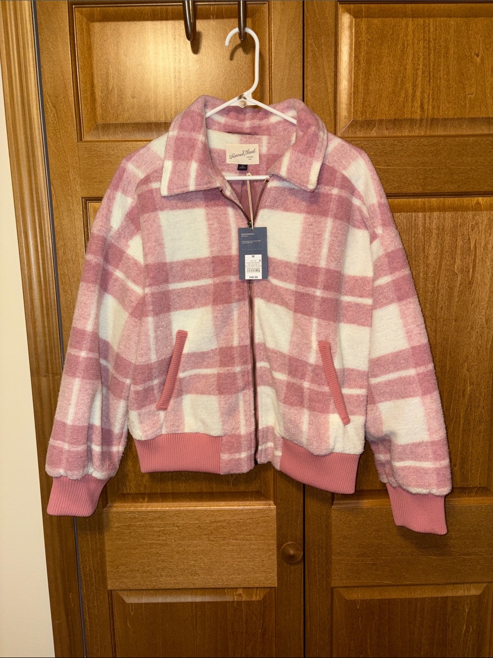 NWT Cozy Pink Plaid Bomber Jacket with Ribbed Trim